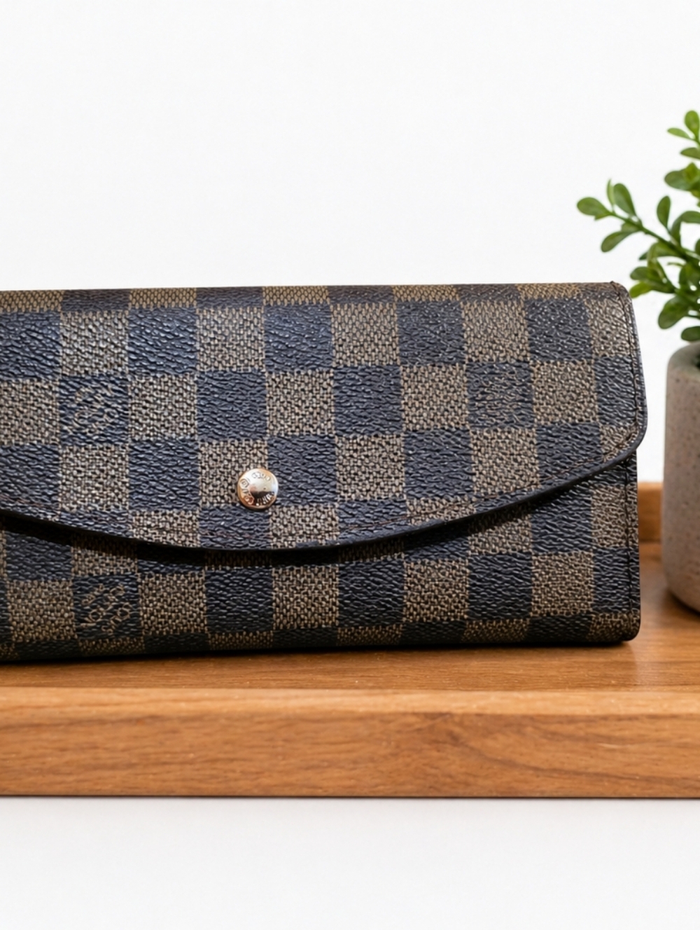 Designer Inspired Brown Checkered Wallet With Checkbook